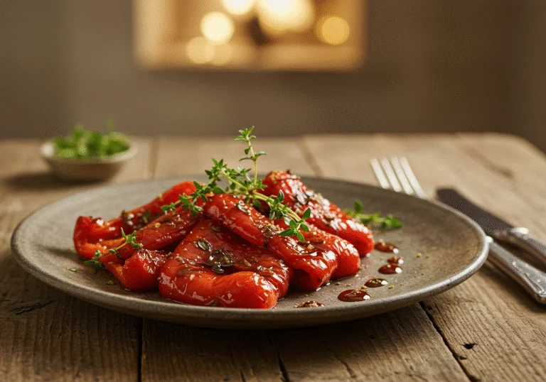 Pimentos vermelhos assados decorados com ervas frescas, perfeitos para uma refeição.