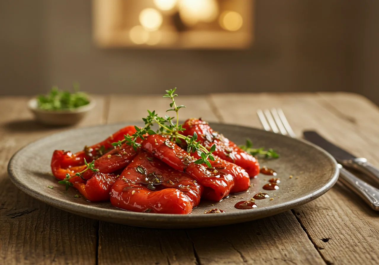 Pimentos vermelhos assados decorados com ervas frescas, perfeitos para uma refeição.