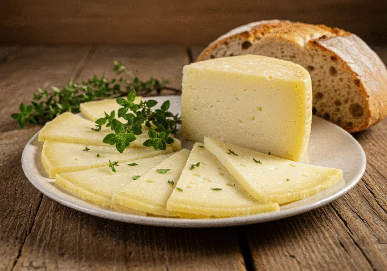 Deliciously served Queijo da Ilha with fresh herbs and crusty bread, ideal for a traditional Azorean feast.