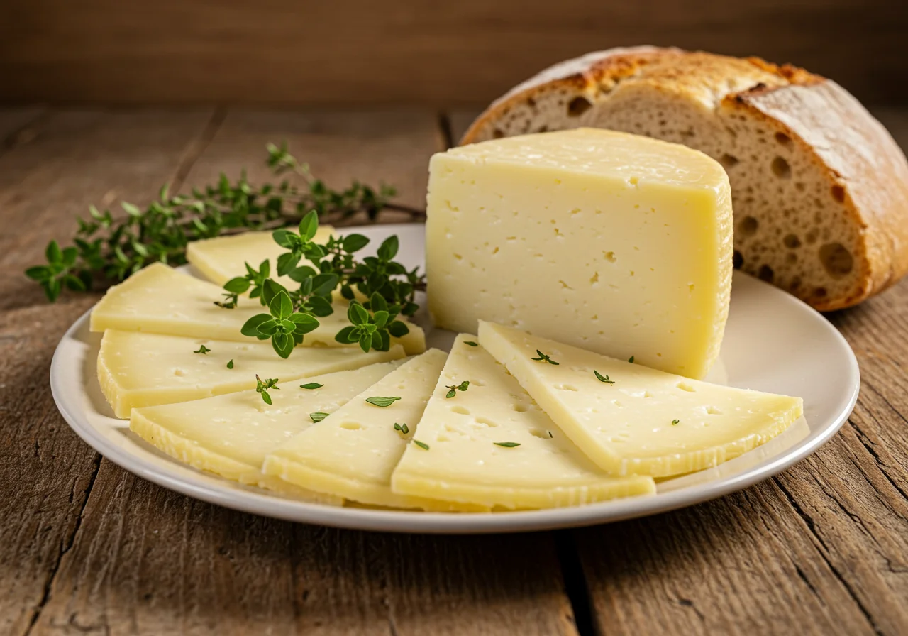 Deliciously served Queijo da Ilha with fresh herbs and crusty bread, ideal for a traditional Azorean feast.