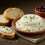 Freshly made queijo ricota served with bread and olives, ideal for a simple and delicious meal.