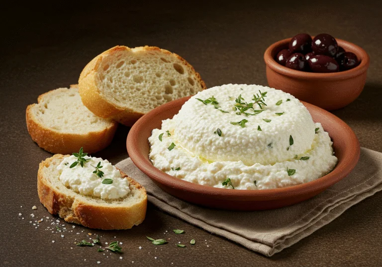 Freshly made queijo ricota served with bread and olives, ideal for a simple and delicious meal.