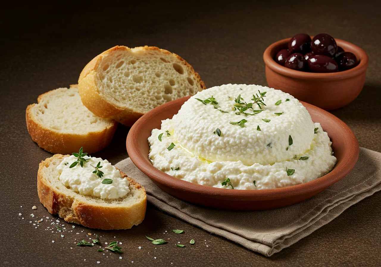Freshly made queijo ricota served with bread and olives, ideal for a simple and delicious meal.