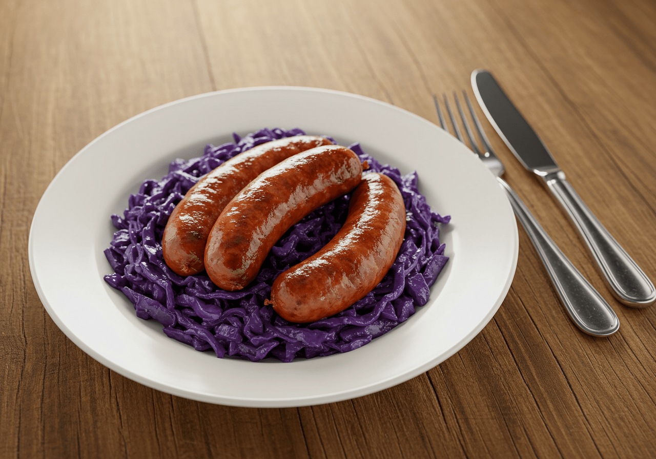 Delicious salsichas com couve lombarda ready to serve, highlighting the dish's appeal.