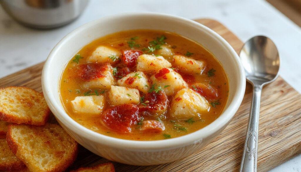 Tigela de caldo de abóbora com pedaços de frango desfiado, decoração com folhas de coentro, fundo de panela com ingredientes visíveis, textura cremosa e cor laranja vibrante, em uma tigela branca sobre uma toalha de cozinha rústica.
