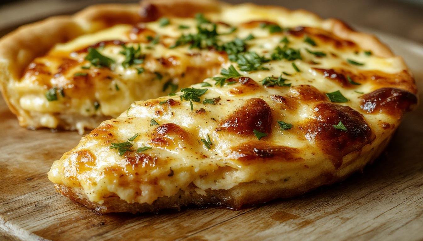 Quiche dourada e crocante com uma crosta bem formada, cortada em fatias e exibindo um recheio cremoso de ovos, queijo e vegetais, apresentada em um prato branco em uma mesa de madeira clara com utensílios ao lado.