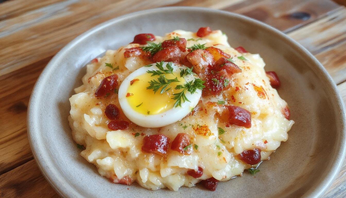 Prato de arroz colorido com ovos estrelados por cima, acompanhado de legumes variados em uma tigela branca, apresentado em uma mesa de madeira, cores vibrantes e textura apetitosamente visíveis, estilo de foto editorial de alta qualidade, capturada com um iPhone 13 Pro.
