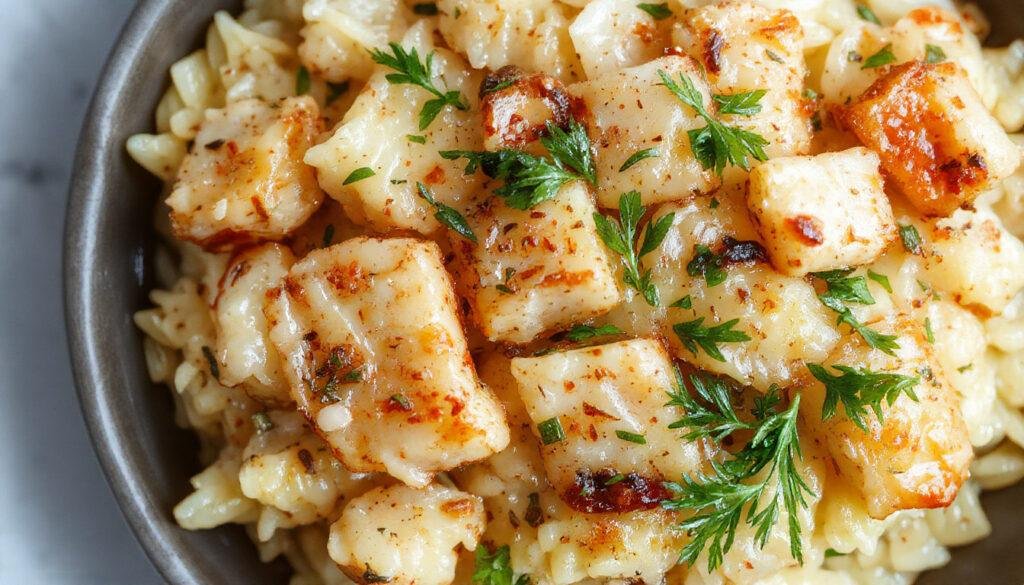 Prato de arroz de bacalhau com Delícias do Mar servido em um prato raso, com arroz amarelo dourado, pedaços de bacalhau, mexilhões, camarões, e Delícias do Mar decorados com salsa fresca, tudo com textura úmida e aparência apetitosa, apresentado de forma elegante sobre uma mesa de madeira natural.