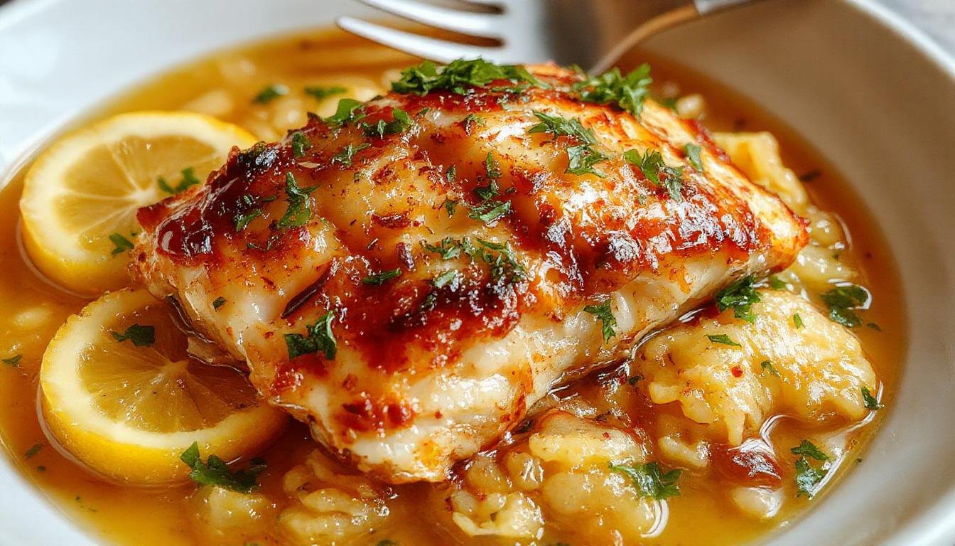 Prato de arroz de pato à portuguesa servido em um prato raso, com pedaços de pato desfiado cobertos por arroz dourado e bem temperado. Ao redor, há um fundo de toalha de mesa rústica, com alguns grãos de arroz perdidos na superfície e uma pequena porção de molho ao lado, destacando as cores douradas, marrons e o toque de verde das ervas frescas.