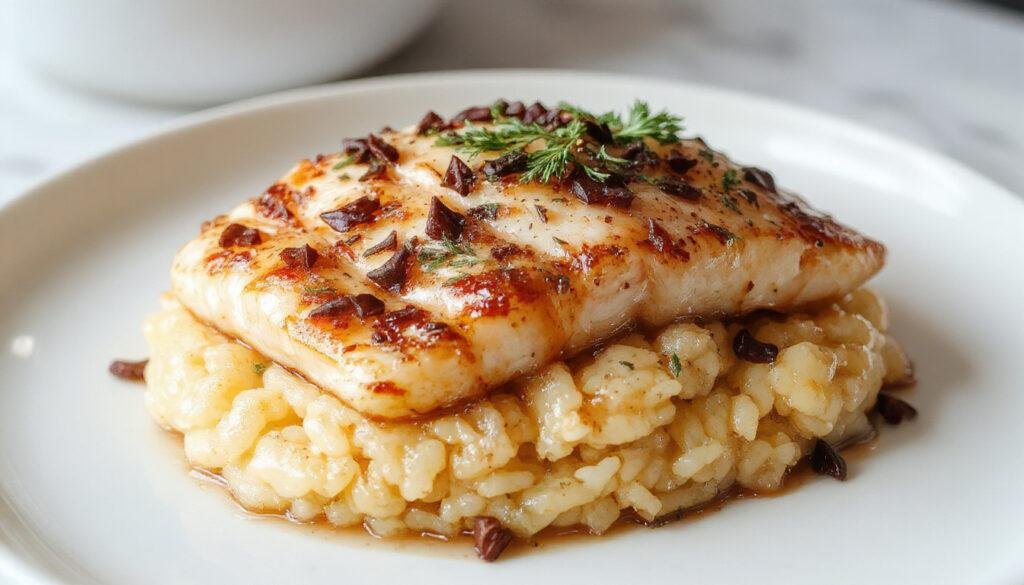 Prato de arroz de pescada malandrinho em uma tigela, com textura cremosa, pedaços de peixe visíveis, guarnecido com salsa fresca, apresentado em um prato rústico de barro, iluminação suave destacando a cremosidade e cor dourada do prato.