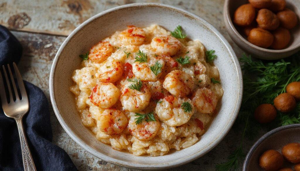 Prato sofisticado de arroz de tamboril com gambas, apresentado em uma travessa elegante. O arroz dourado e cremoso é combinado com pedaços de tamboril branco e gambas coradas, decorado com salsa fresca. Ao lado, há um copo de vinho branco e talheres de prata, criando uma atmosfera refinada. A iluminação destaca as texturas tenras do peixe e a crocância das gambas, transmitindo um visual apetitioso e requintado.
