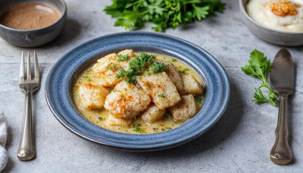 Prato de bacalhau à brás em um prato branco fundo, decorado com fatias finas de batata palha douradas, ovos mexidos cremosos, e enfeitado com salsa fresca. A textura do prato é cremosa com pontos crocantes da batata, apresentado de forma apetitosa.