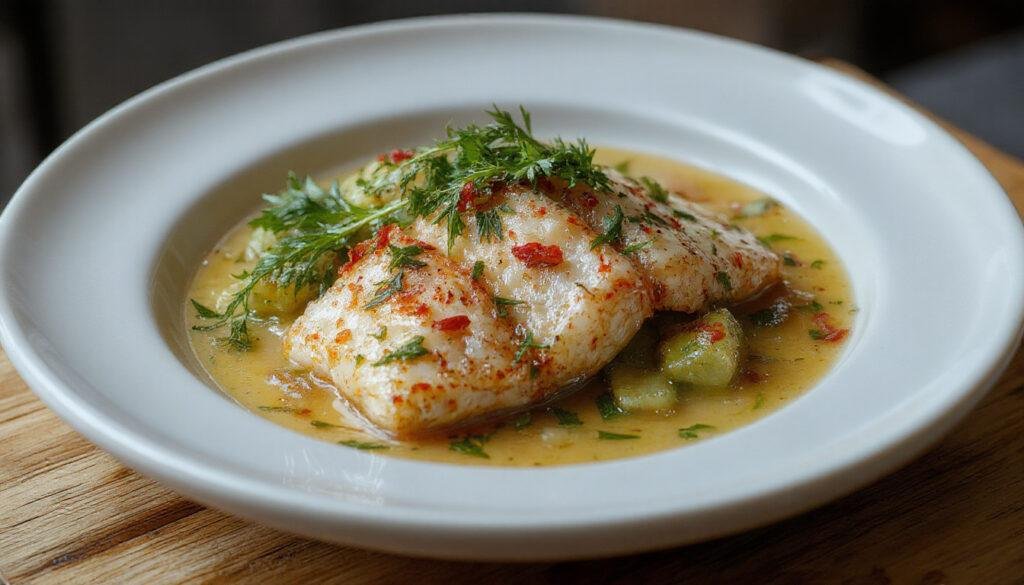 Prato de bacalhau à portuguesa servido em um prato raso, compostas de pedaços de bacalhau dourados, cebolas caramelizadas, pimentões coloridos e batatas ao lado, tudo apresentando uma textura suculenta e acabamento brilhante, decorado com salsa fresca e fatias de limão ao lado