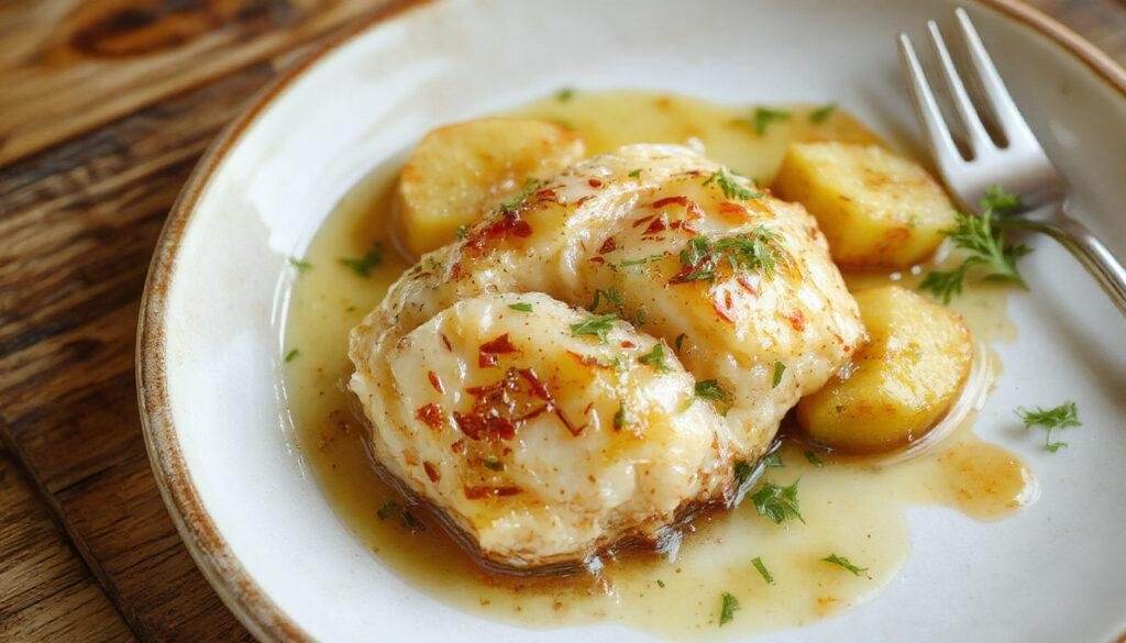 Imagem de um prato de bacalhau ao forno com batatas douradas e crocantes, decorado com salsa, servido em uma travessa rústica, com uma camada de azeite brilhante e pedaços de peixe suculento ao lado das batatas.