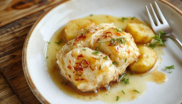 Imagem de um prato de bacalhau ao forno com batatas douradas e crocantes, decorado com salsa, servido em uma travessa rústica, com uma camada de azeite brilhante e pedaços de peixe suculento ao lado das batatas.
