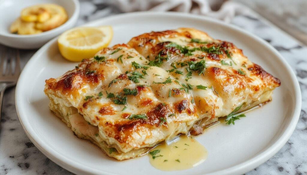 Prato de bacalhoada no forno apresentado em uma travessa de cerâmica, com filés de bacalhau dourados, camadas de batatas fatiadas, pimentões vermelhos e verdes, decorado com folhas de salsa e lemon wedges, tudo visualmente apetitoso e bem distribuído, com um fundo rústico de mesa de madeira.