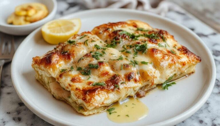 Prato de bacalhoada no forno apresentado em uma travessa de cerâmica, com filés de bacalhau dourados, camadas de batatas fatiadas, pimentões vermelhos e verdes, decorado com folhas de salsa e lemon wedges, tudo visualmente apetitoso e bem distribuído, com um fundo rústico de mesa de madeira.