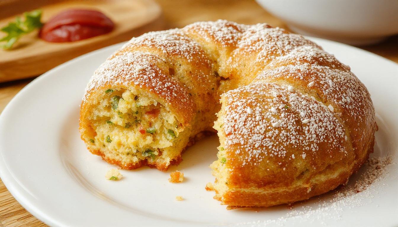 Foto de um bolinho de milho verde dourado e crocante por fora, apresentado em um prato branco. O bolinho está levemente aberto mostrando sua textura macia e amarela por dentro, com pequenos pedaços de milho visíveis. Ao redor, há folhas de hortelã e uma pitada de sal, criando um contraste vibrante de cores. A iluminação destaca o brilho e a crocância do bolinho, capturada com a câmera de um iPhone 13 Pro.