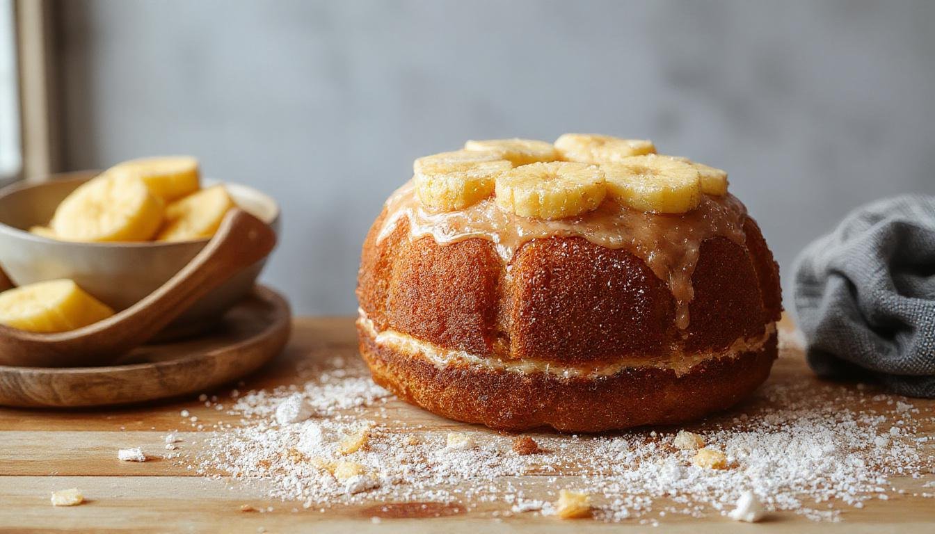 Imagem de um bolo de ananás invertido, com uma cobertura dourada e brilhante, pedaços de abacaxi e cerejas decorando o topo. O bolo é apresentado em um prato branco simples, com uma textura fofa e húmida visível na fatia transpassada ao lado, mostrando camadas de bolo macio e pedaços de ananás caramelizados.