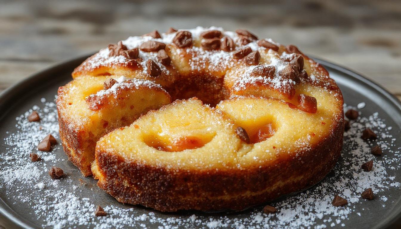 Imagem de um bolo de cenoura com abacaxi no centro de uma mesa de madeira clara, decorado com fatias de abacaxi e raspas de cenoura, com uma fatia cortada revelando uma massa dourada e úmida, cobertura levemente translúcida e decorativa