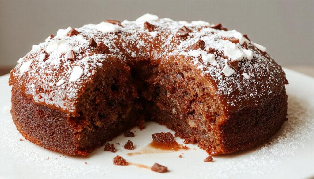 Imagem de um bolo de cenoura com cobertura de chocolate fit, decorado com raspas de chocolate e fatias de cenoura ao lado, apresentado sobre uma tábua de madeira com fundo claro. O bolo tem textura úmida, com uma camada ganhada de chocolate escuro por cima, ao lado de um copo de leite e um prato rústico.