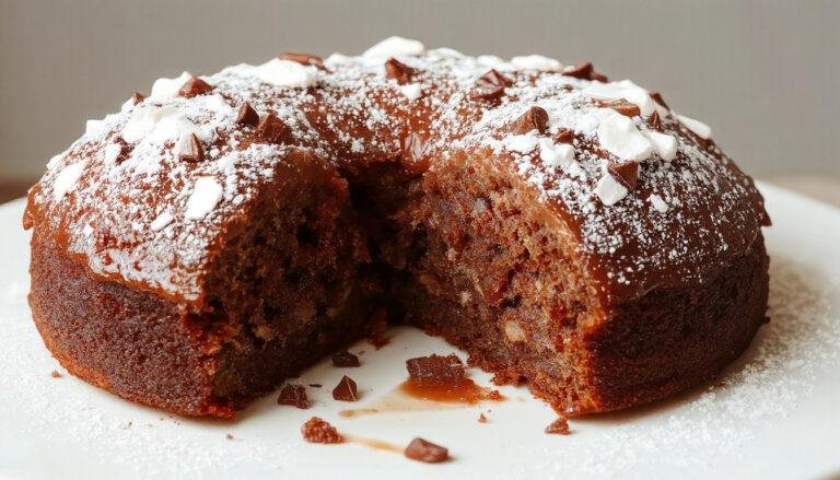 Imagem de um bolo de cenoura com cobertura de chocolate fit, decorado com raspas de chocolate e fatias de cenoura ao lado, apresentado sobre uma tábua de madeira com fundo claro. O bolo tem textura úmida, com uma camada ganhada de chocolate escuro por cima, ao lado de um copo de leite e um prato rústico.