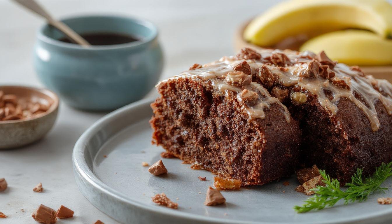 Imagem de um bolo de chocolate de liquidificador, fofinho e bem crescido, coberto com uma camada de cobertura de chocolate brilhante. O bolo está colocado em um prato branco simples, decorado com raspas de chocolate por cima e uma fatia cortada ao lado, revelando a massa molhadinha e aerada. O fundo é neutro, destacando o aspecto caseiro e apetitoso do bolo, com uma iluminação suave que realça a textura úmida e a riqueza do chocolate.