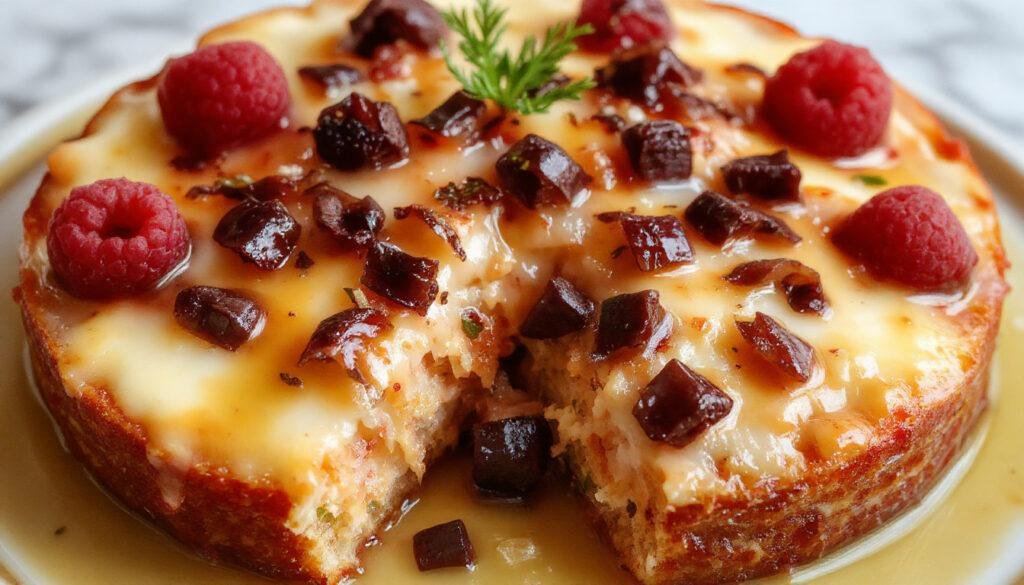 Bolo de iogurte grego com mel, desenhado em uma fatia bem fofa e úmida, decorado com um fio de mel e pedaços de iogurte ao lado, tudo sobre um prato branco simples, com uma textura macia visível na superfície e uma leve coloração dourada.