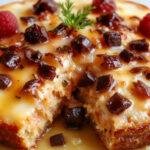 Bolo de iogurte grego com mel, desenhado em uma fatia bem fofa e úmida, decorado com um fio de mel e pedaços de iogurte ao lado, tudo sobre um prato branco simples, com uma textura macia visível na superfície e uma leve coloração dourada.