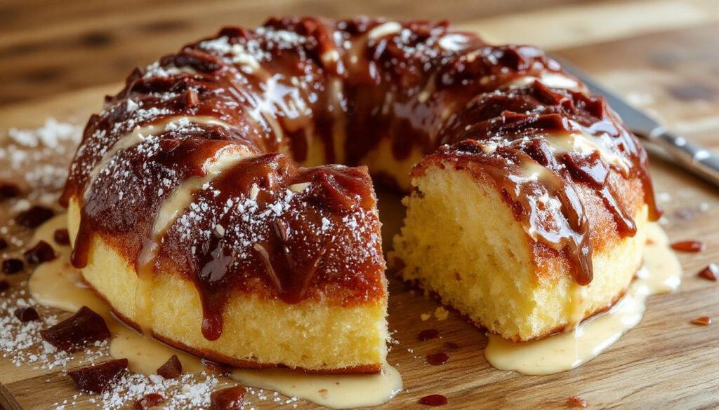 Imagem de um bolo de maçã cremoso e dourado, apresentado em um prato branco, com fatias cortadas mostrando a textura úmida e macia do interior, decorado com fatias finas de maçã na superfície, ao lado de uma xícara de chá e utensílios de cozinha ao fundo, tudo em uma mesa de madeira clara bem iluminada