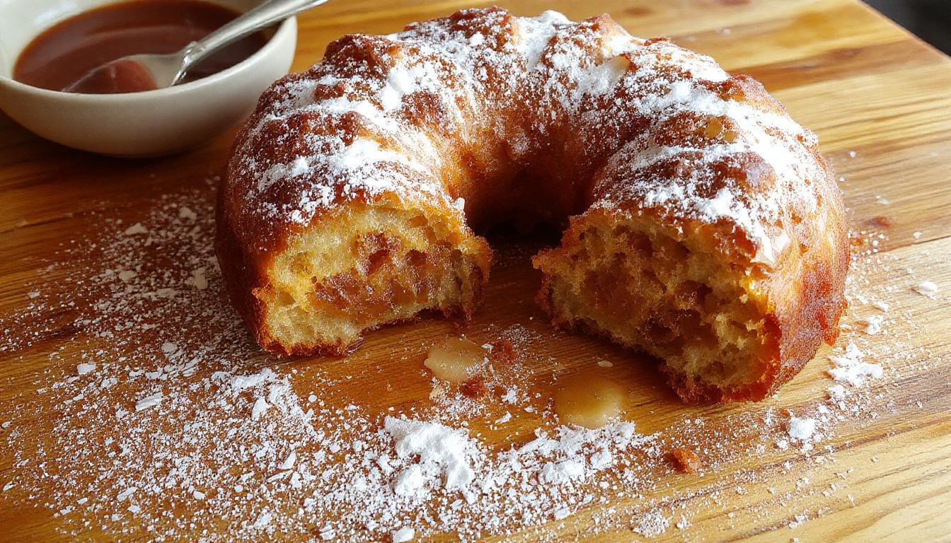 Imagem de um bolo de maçã e canela dourado, com fatias superficiais revelando camadas úmidas e pedaços de maçã visíveis, decorado com uma pitada de canela por cima, colocado em uma travessa rústica de madeira, ao lado de maçãs frescas e um bule de chá, tudo em uma mesa de madeira clara com luz natural suave.