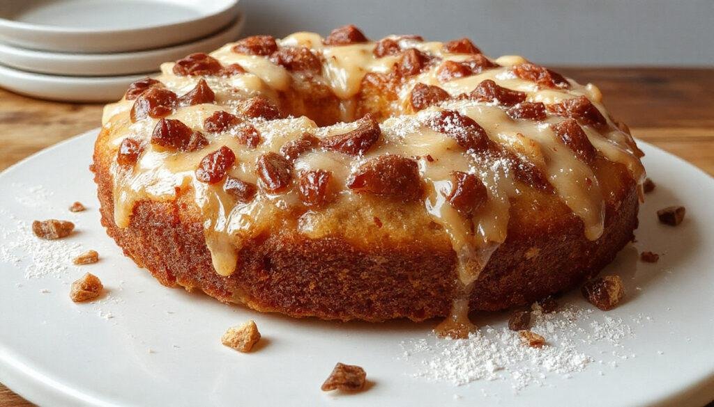 Bolo de maçã e nozes com uma crosta dourada e crocante no topo, parcialmente cortado para revelar camadas macias de massa com pedaços de maçã e nozes visíveis, servido em um prato branco em uma mesa de madeira, decorado com nozes e maçãs frescas ao redor.