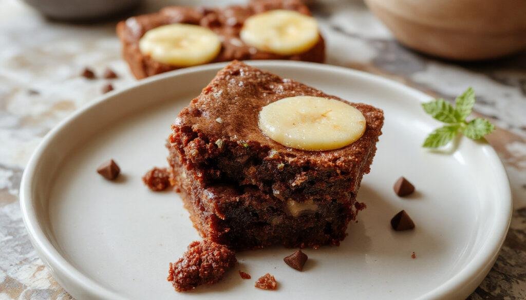 Imagem de um brownie de batata doce protegido e generosamente decorado com amêndoas fatiadas e cacau em pó, apresentado sobre um prato branco minimalista com uma toalha de linho bege ao fundo, iluminação suave destacando a textura úmida e porosa do brownie, destaque para a superfície brilhante e detalhes de ingredientes naturais visíveis