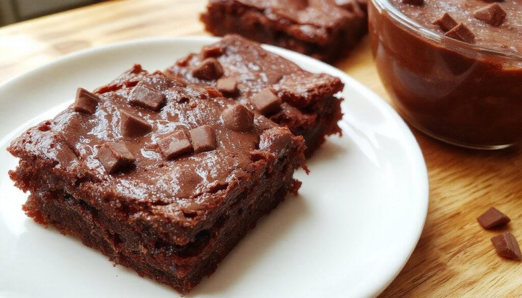 Imagem de um brownie de chocolate perfeito, com superfície leve e brilhante, cortado em quadrados, exibindo uma textura úmida e macia, com pedaços de chocolate visíveis e uma leve poeira de cacau na superfície, disposto em uma travessa de porcelana branca sobre uma mesa de madeira clara.