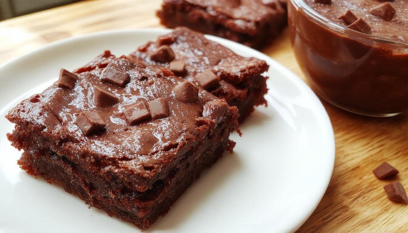 Imagem de um brownie de chocolate perfeito, com superfície leve e brilhante, cortado em quadrados, exibindo uma textura úmida e macia, com pedaços de chocolate visíveis e uma leve poeira de cacau na superfície, disposto em uma travessa de porcelana branca sobre uma mesa de madeira clara.