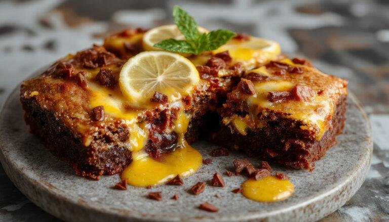 Uma peça de brownie de limão em destaque, com textura úmida e dourada na superfície, decorada com raspas de limão verde, apresentado em um prato branco minimalista sobre uma mesa de madeira clara, ao lado de fatias de limão fresco e um toque de açúcar de confeiteiro.