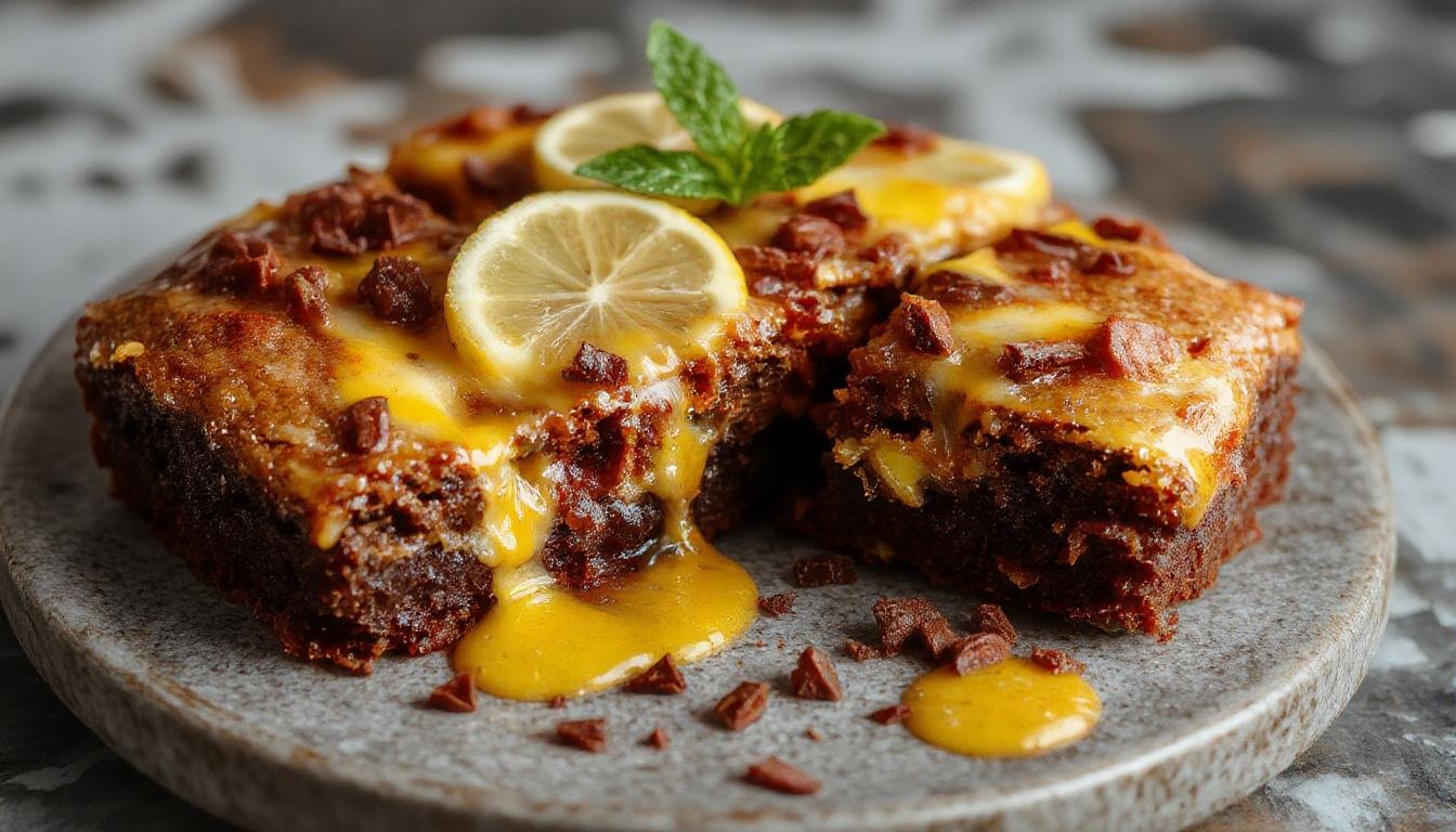 Uma peça de brownie de limão em destaque, com textura úmida e dourada na superfície, decorada com raspas de limão verde, apresentado em um prato branco minimalista sobre uma mesa de madeira clara, ao lado de fatias de limão fresco e um toque de açúcar de confeiteiro.