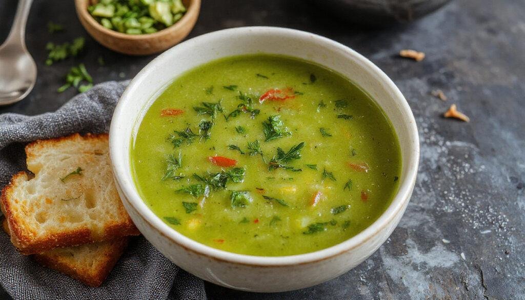 Prato de caldo verde português apresentado em uma tigela rústica, com couve cortada em tiras finas, rodelas de chouriço e uma textura cremosa, decorada com um fio de azeite por cima, ambientado em uma mesa de madeira ao lado de pão fresco.