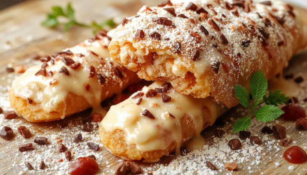 Imagem de um cannoli caseiro com crosta dourada e crocante, recheado com creme de ricota visível na extremidade, decorado com polvilho de açúcar e pedaços de chocolate, disposto sobre um prato branco porcelana com fundo desfocado de utensílios de cozinha e ingredientes.
