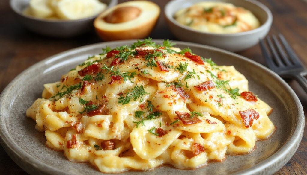 Prato de spaghetti coberto com molho cremosa de queijo e pedaços de bacon crocante, servido em um prato branco raso, decorado com queijo ralado por cima, iluminação suave destacando a textura sedosa do molho e o contraste entre o bacon dourado e o macarrão.