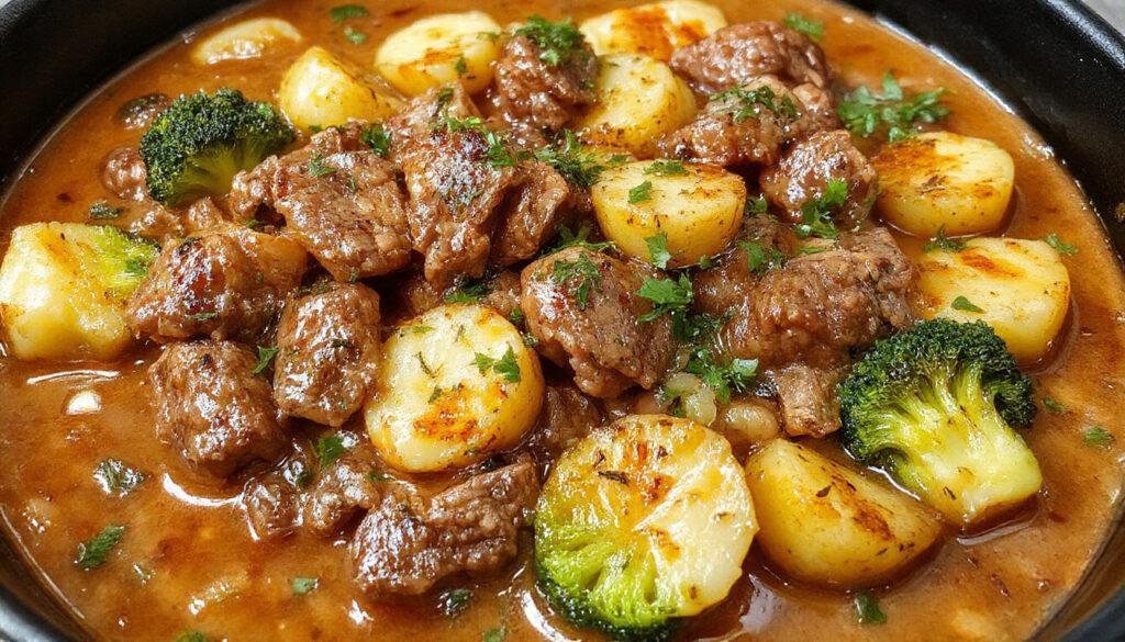 Prato de carne moída gratinada com batatas e brócolis, apresentado em um prato oval branco. A camada superior dourada e crocante é visível, com pedaços de carne, batatas macias e brócolis verdes ao redor. A apresentação é harmoniosa e apetitosa, evidenciando uma textura cremosa sob uma crosta dourada.