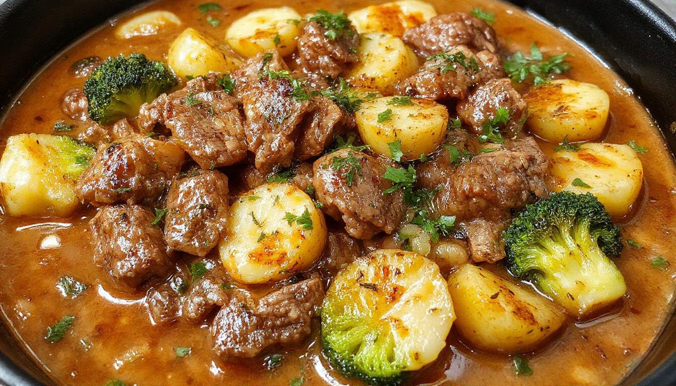 Prato de carne moída gratinada com batatas e brócolis, apresentado em um prato oval branco. A camada superior dourada e crocante é visível, com pedaços de carne, batatas macias e brócolis verdes ao redor. A apresentação é harmoniosa e apetitosa, evidenciando uma textura cremosa sob uma crosta dourada.