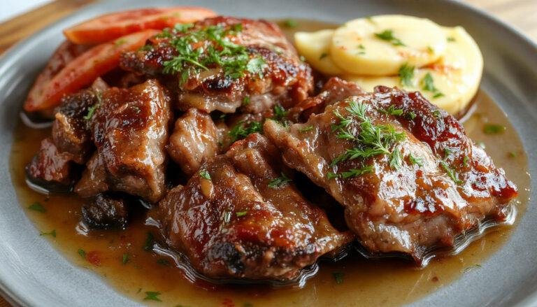 Imagem de uma panela de ferro fundido aberta, revelando pedaços macios de carne de panela dourada, rodeada por batatas cozidas, cenouras e cebolas, com molho encorpado e brilhante, decorada com salsa fresca, tudo sobre uma bancada de madeira clara.