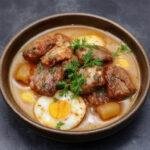 Prato tradicional português de carne de porco à alentejana com amêijoas, servido em uma travessa branca, com carne dourada, amêijoas abertas, decorado com salsa fresca, ao fundo uma fatia de limão e pão rústico ao lado, toda a apresentação tem um estilo apetitosa e acolhedora, com vapor suave visível sobre o prato.