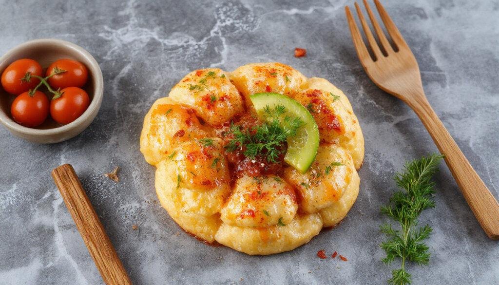 Prato de cogumelos ao molho de parmesão com tomate seco, apresentado em um prato branco, com cogumelos dourados cobertos por um molho cremoso branco, pedaços de tomate seco rosados e finamente picados decoram o interior. A textura do molho parece sedosa e espessa, com um brilho delicado, criando um contraste de cores entre o dourado dos cogumelos, o vermelho do tomate e o fundo limpo do prato.