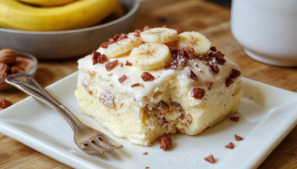 Close-up de um brigadeiro de banana no centro de um prato branco, com uma cobertura brilhante e caramelizada, decorado com pequenos pedaços de banana e granulados coloridos ao redor, apresentando uma textura cremosa e apetitosa, sobre fundo neutro, iluminado com luz natural suave.