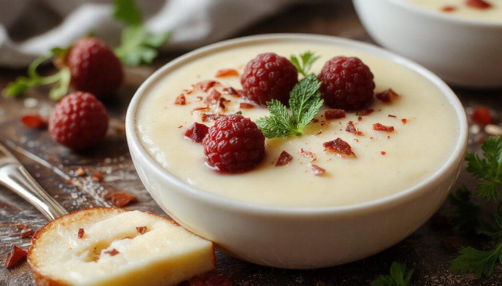 Imagem de uma tigela de creme de cogumelos vegano, com textura cremosa e brilhante, decorada com ervas frescas verdes. A tigela está sobre uma tábua de madeira clara, com um fundo desfocado que sugere cozinha acolhedora.