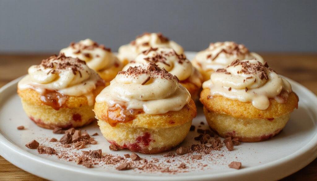 Imagem de um cupcake português com cobertura de nata cremosa, dourada e brilhante, decorado com uma pequena flor de açúcar, colocado em um prato branco elegante, com fundo desfocado de uma mesa de cozinha rústica.
