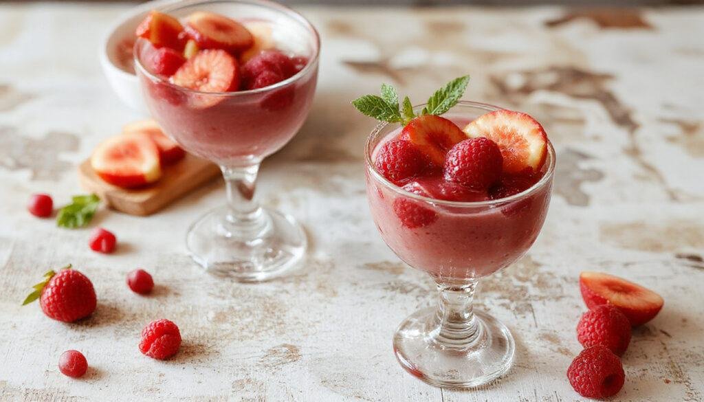 Tigela de delícia grega com uma camada cremosa de iogurte grego coberta com frutas vermelhas frescas, como morangos, framboesas e blueberries, decorada com hortelã, apresentando cores vibrantes e textura cremosa contrastando com as frutas suculentas