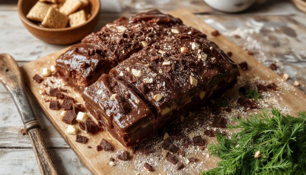 Uma empada de chocolate dourada e crocante com uma abertura no topo revelando um recheio de chocolate derretido, apresentada em uma bandeja de massa dourada, decorada com açúcar de confeiteiro, com fundo neutro e iluminação suave para destacar sua textura e brilho.